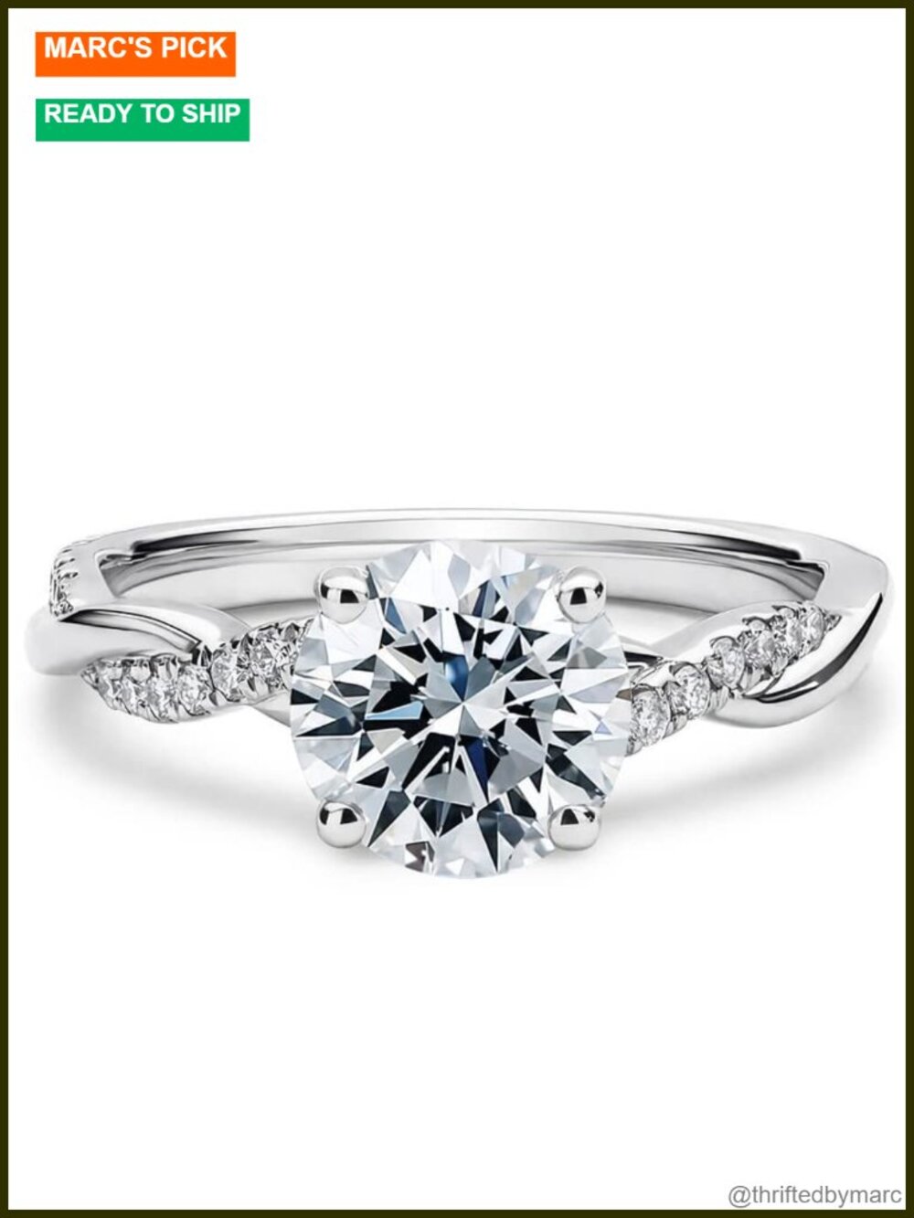 Round Cut Moissanite Engagement Ring Platinum Plated Silver